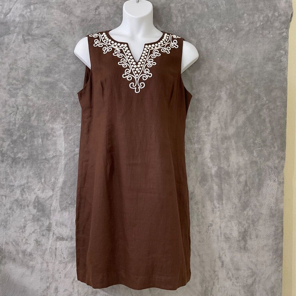 Talbots Brown Linen White Embroidery Sleeveless Shift Dress women’s 14 career